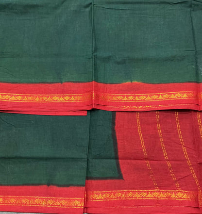Chettinad Cotton Saree Green Colour with Red Colour Border