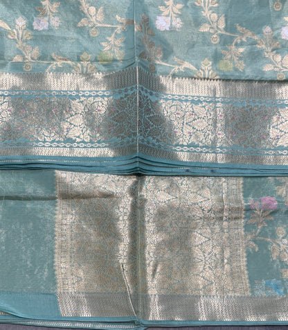 Meenakari Banaras Tissue Silk Saree Pastel Mint Green Colour
