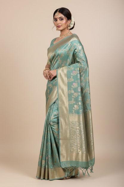 Meenakari Banaras Tissue Silk Saree Pastel Mint Green Colour