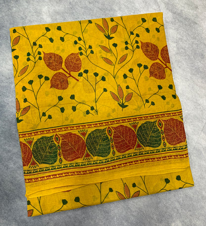 Chettinad Sungudi Cotton Mustard Yellow Colour with Leaf Design Border