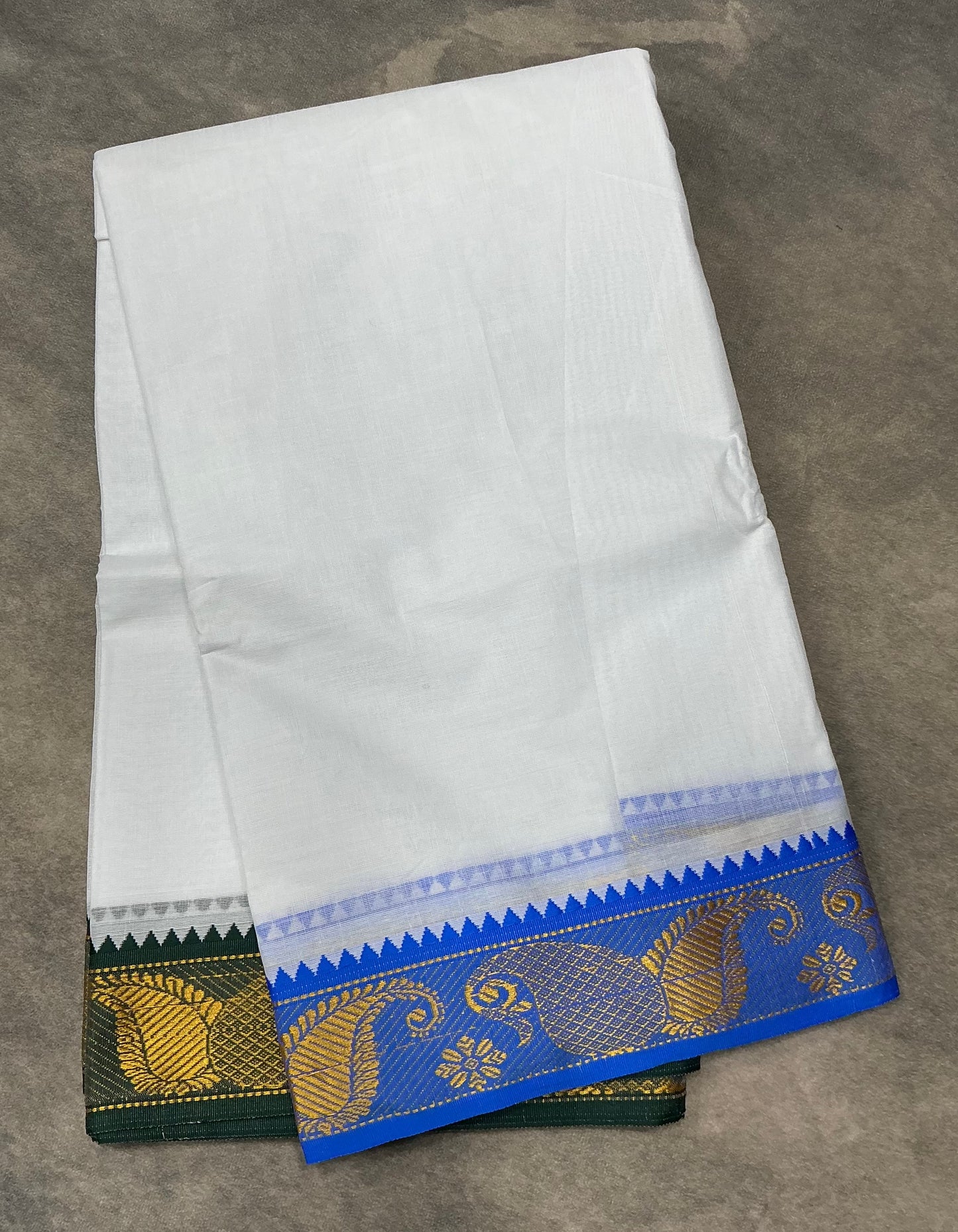 9X6 Cotton Dhoti White Colour with Sky Blue and Green Border with Angavastram
