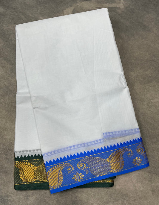 9X6 Cotton Dhoti White Colour with Sky Blue and Green Border with Angavastram