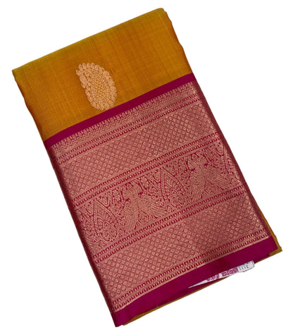 Pure Kanchipuram Silk Saree Golden Yellow Colour with Pink Border