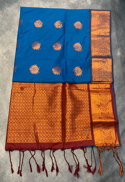 Soft Vegan Silk Saree Blue Colour with Brown and Copper Border