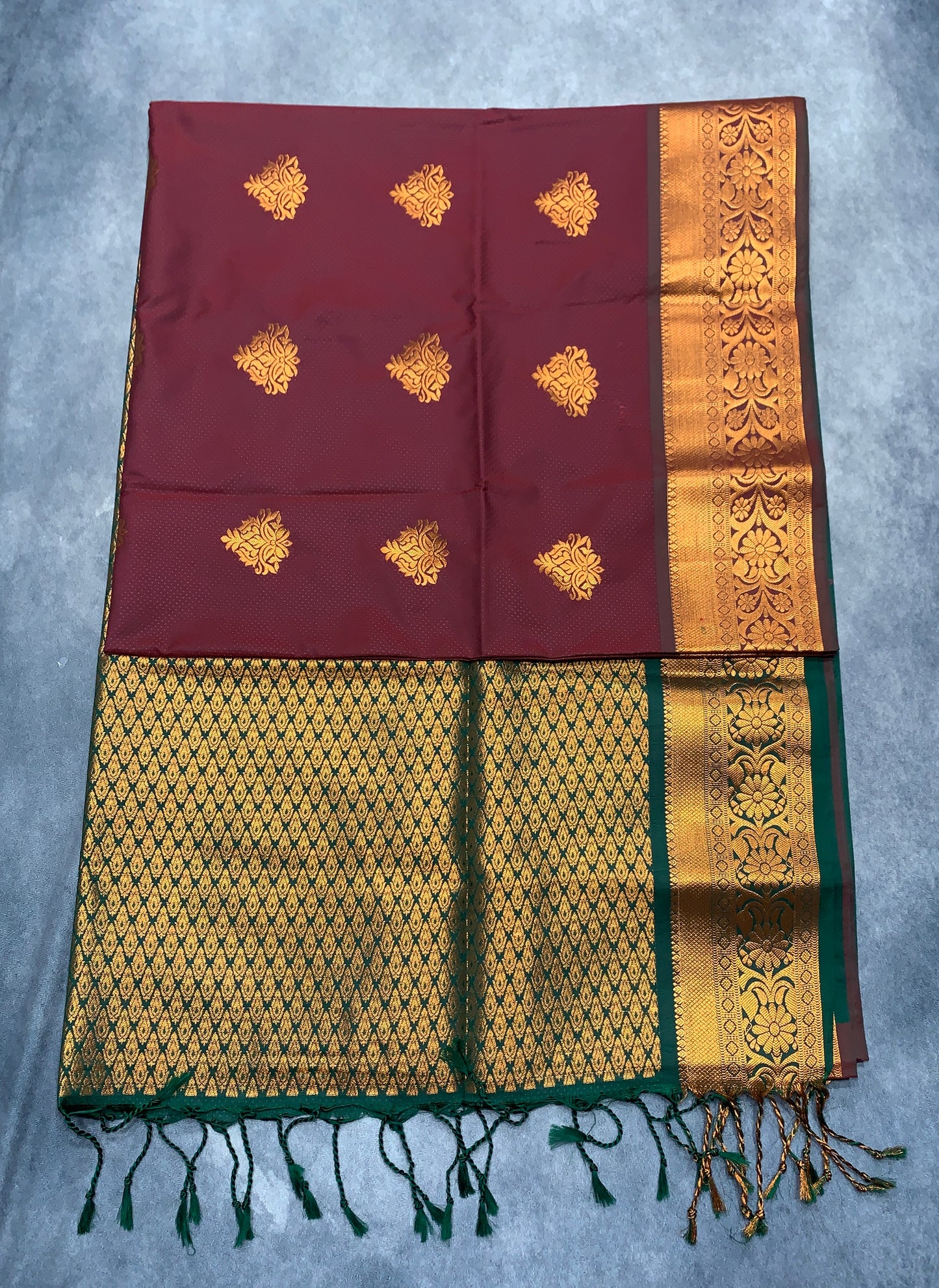 Soft Vegan Silk Saree Maroon Colour with Green and Copper Border