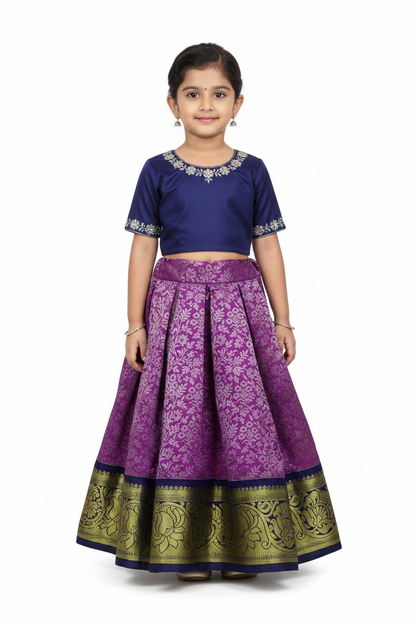 Lavender Shade Vegan Silk Kids Pattu Pavadai with Contrast Border for Newborn to 2 Years