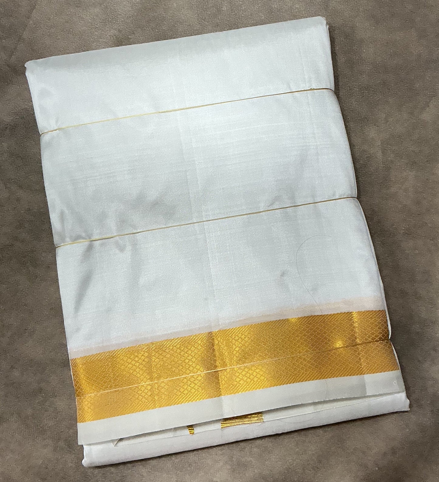 9X5 Pure Silk Dhoti White Colour with Large Golden Zari Border