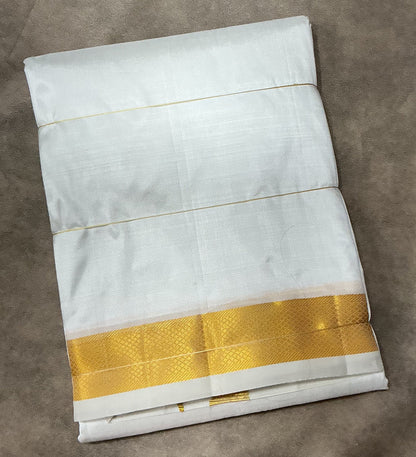 9X5 Pure Silk Dhoti White Colour with Large Golden Zari Border