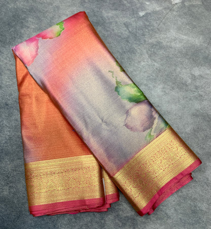 Fancy Tissue Saree Orange Colour with Golden Border