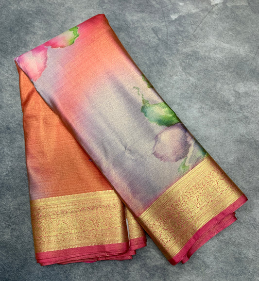 Fancy Tissue Saree Orange Colour with Golden Border