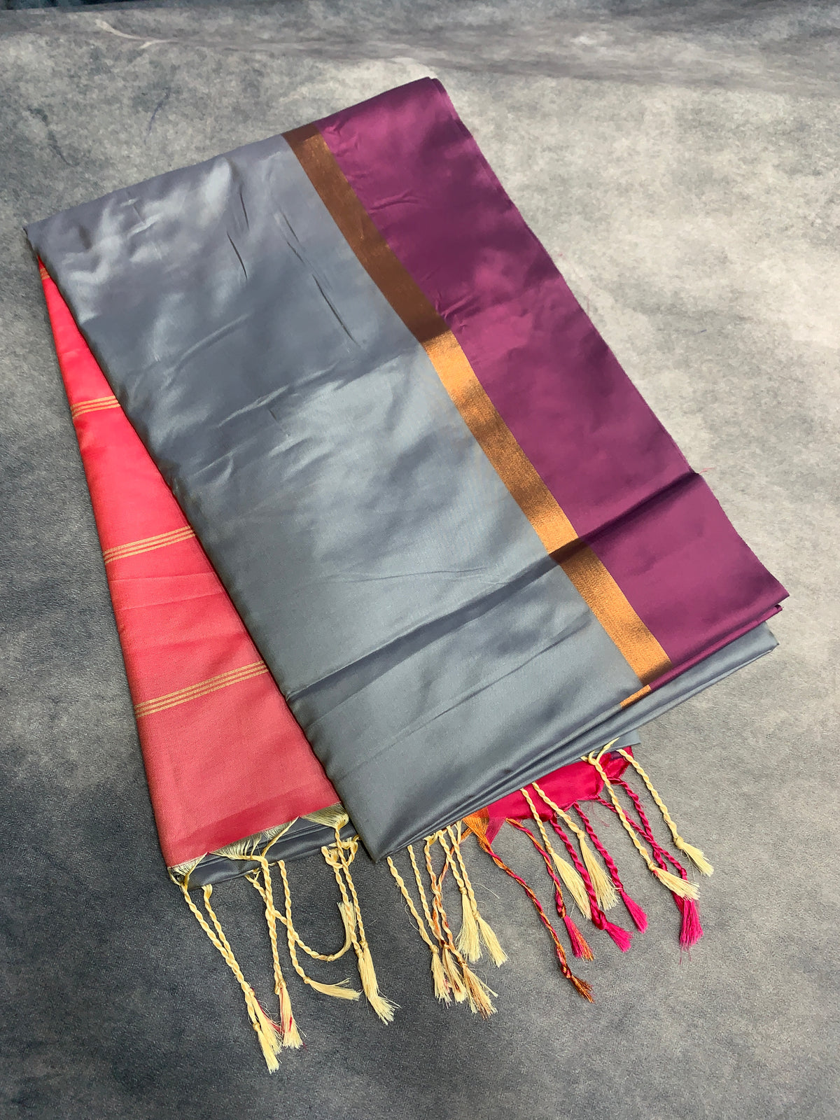 Art Silk Saree Gray Colour with Magenta and Copper Border
