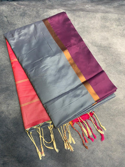 Art Silk Saree Gray Colour with Magenta and Copper Border