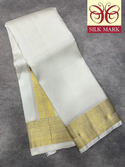 9X5 Pure Silk Dhoti White Colour with Golden Colour Fancy Jaquard Border