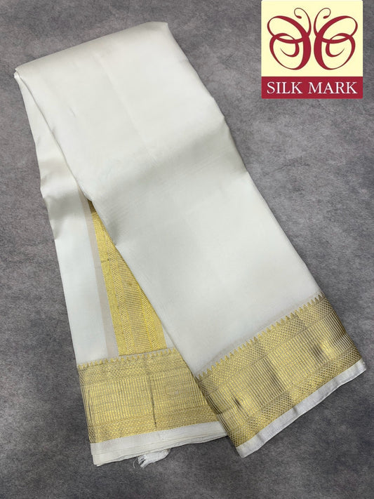 9X5 Pure Silk Dhoti White Colour with Golden Colour Fancy Jaquard Border