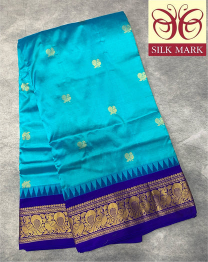 9 yards Pure Kanchipuram Silk Saree Sky Blue Colour with Blue Border