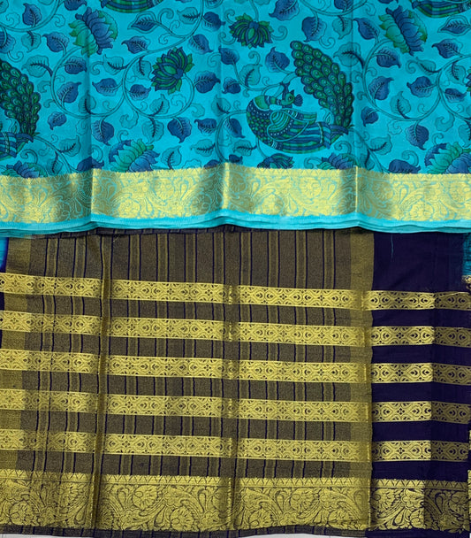 Crepe Saree Sky Blue Colour with Big Navy Blue Border