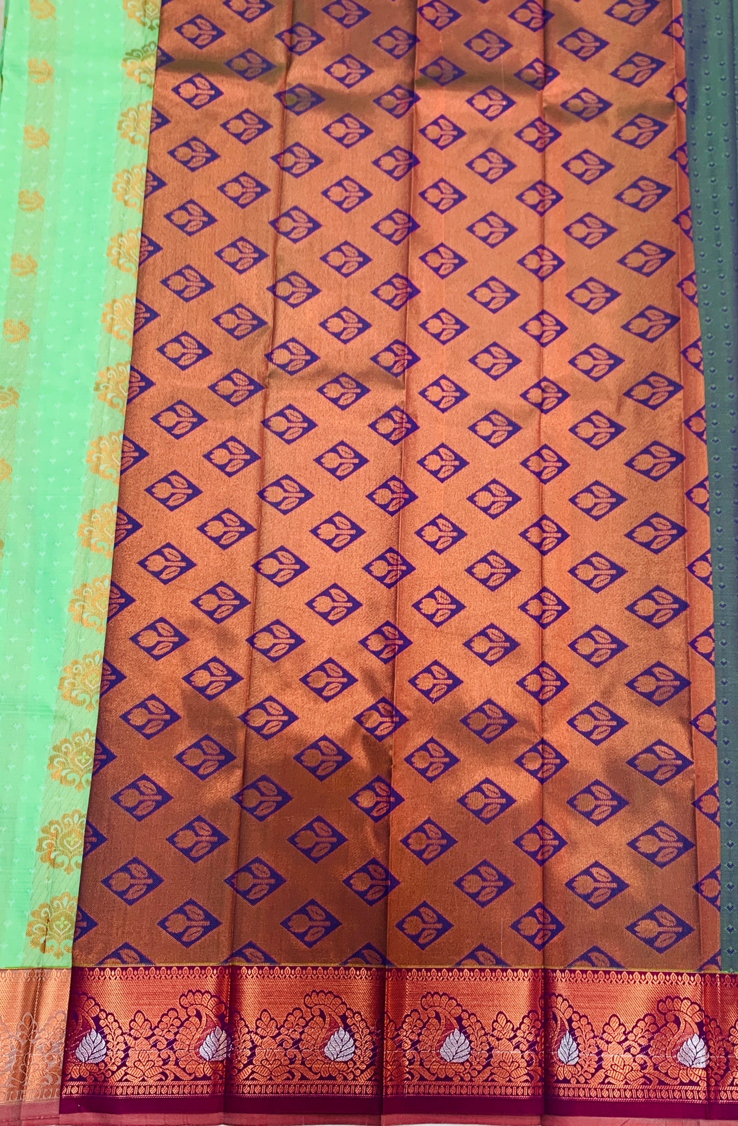 Vegan Silk Saree Apple Green shade with Copper Border