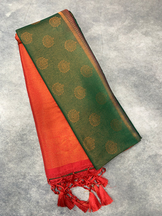 Soft Silk Saree Green Colour with Red Colour Pallu