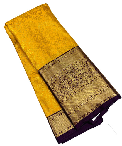 Yellow Colour Semi Silk Saree with Big Brown Border