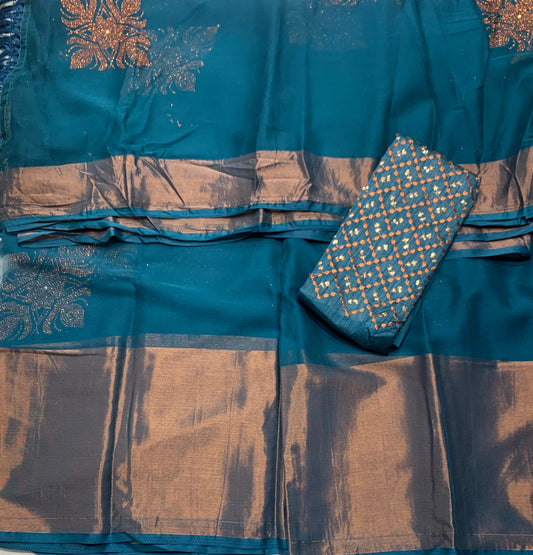 Embroidery Work Saree Peacock Blue Colour with Copper  border