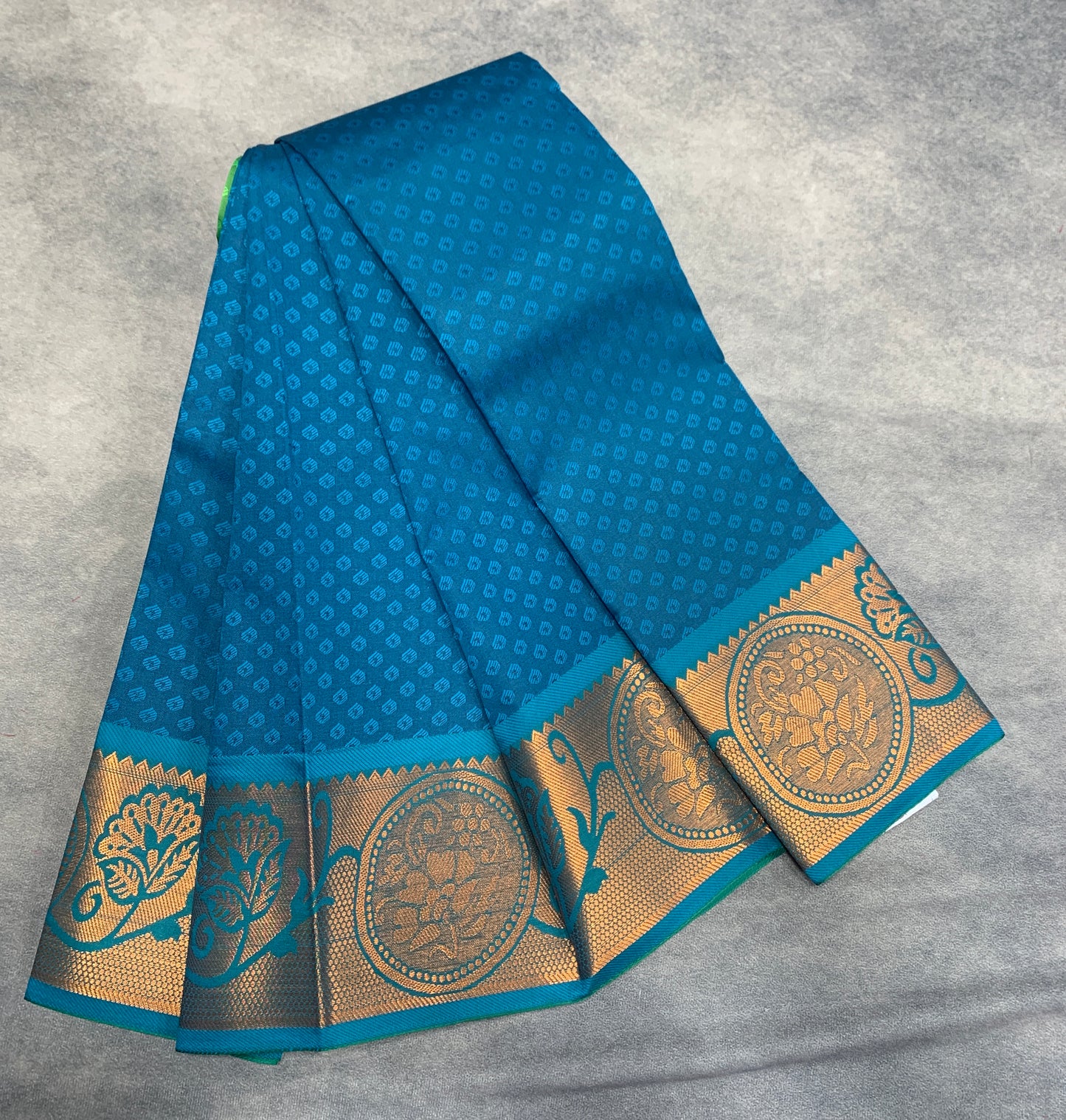 Synthetic Cotton Saree Rama Blue Colour with Copper Border