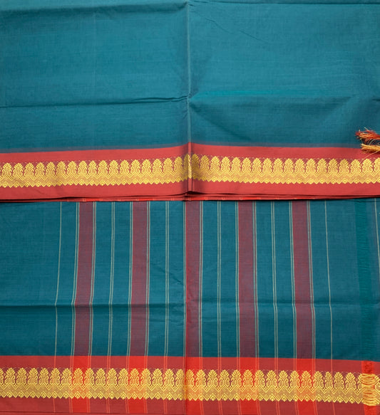Chettinad Cotton Saree Rama Green Colour with Maroon Border