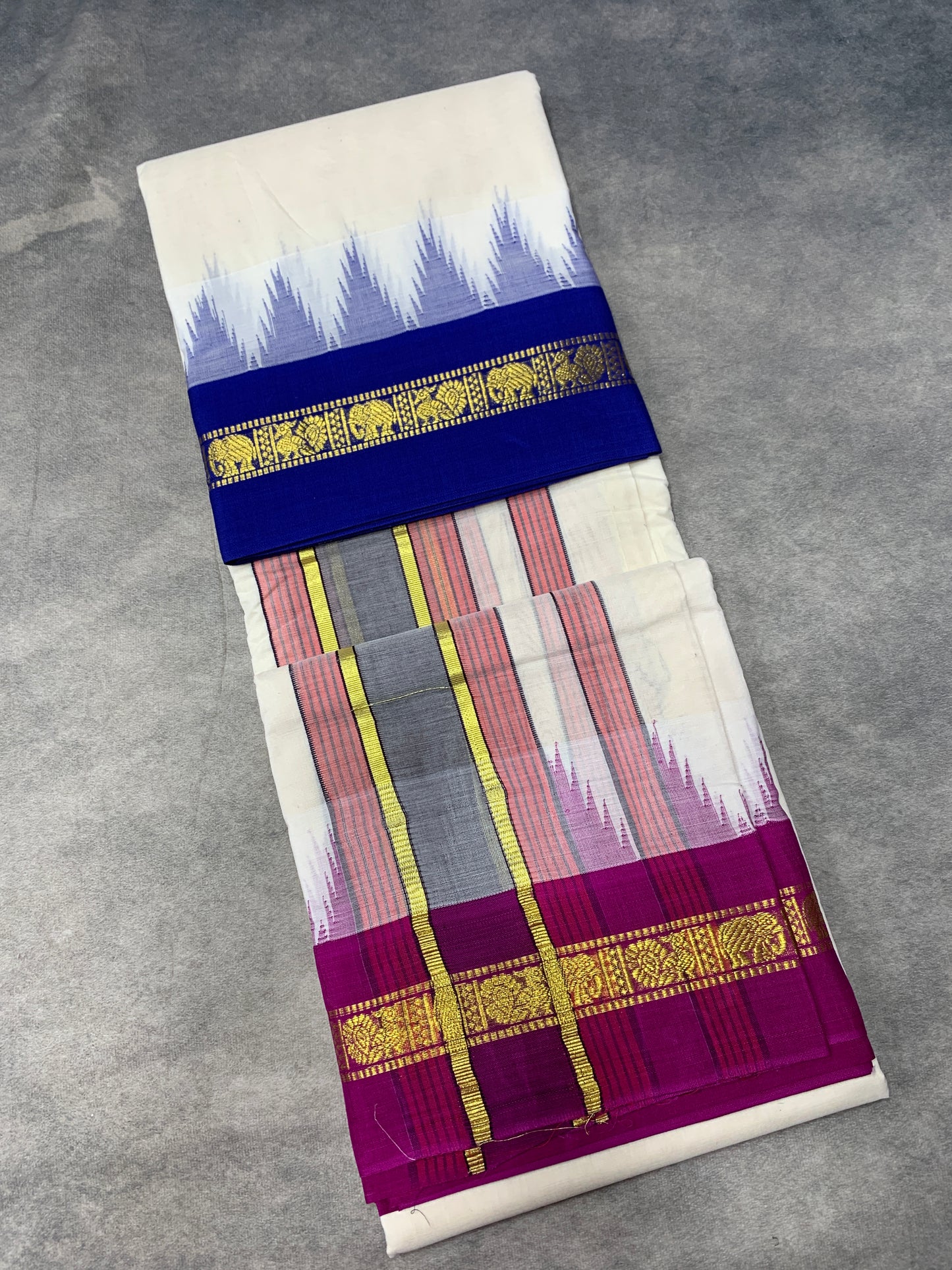 9X5 Korvai Cotton Dhoti Half White Colour with Blue and Pink Border