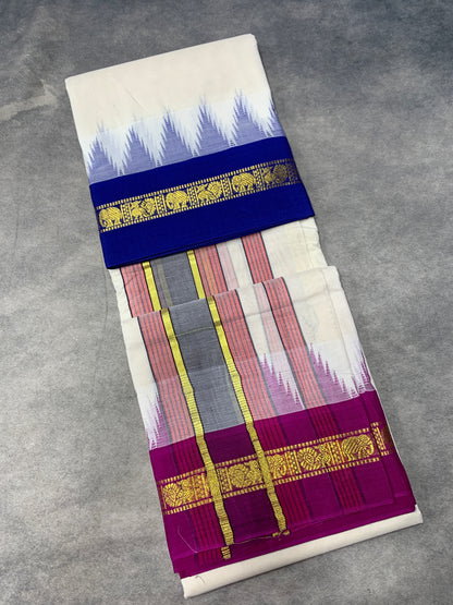 9X5 Korvai Cotton Dhoti Half White Colour with Blue and Pink Border