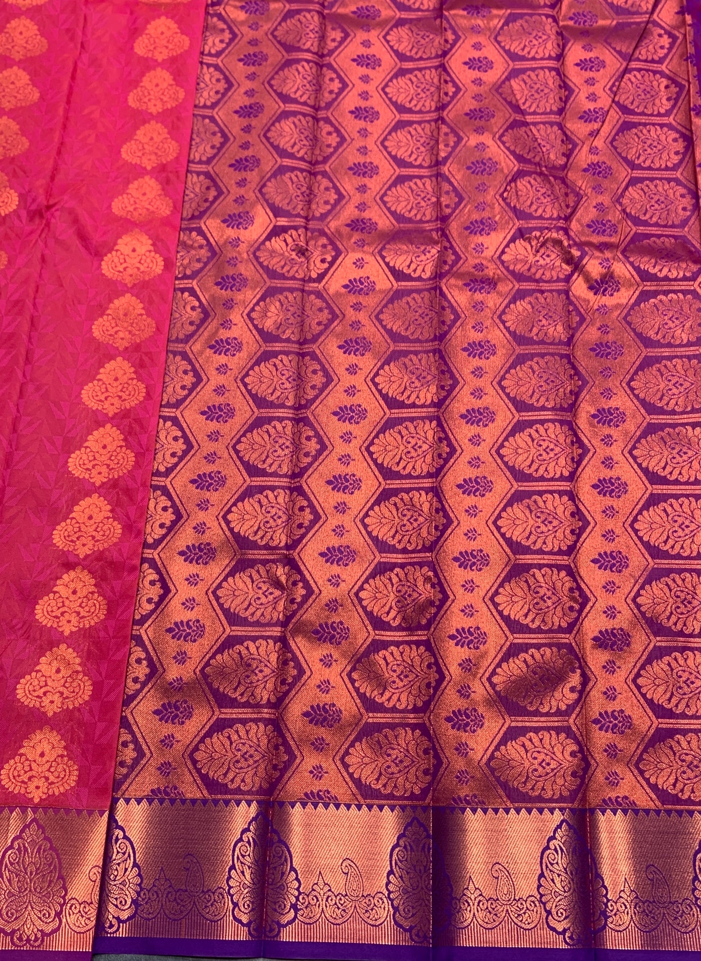 Vegan Silk Saree Pink Colour with Lavender and Copper Border