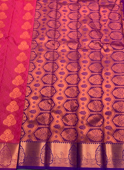 Vegan Silk Saree Pink Colour with Lavender and Copper Border