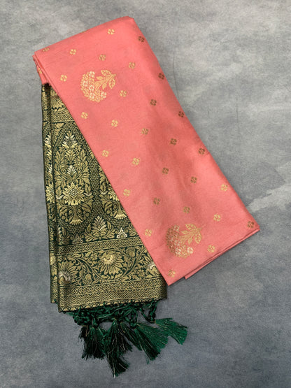 Soft Silk Casual Saree Peach Colour with Green Colour Border