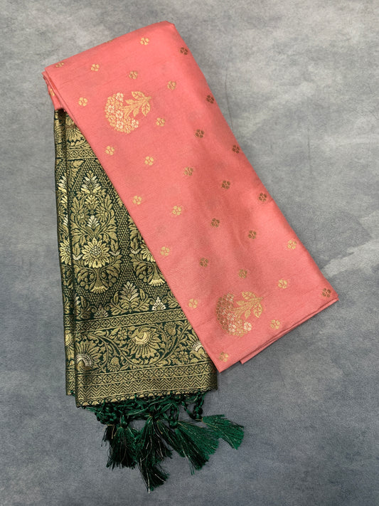 Soft Silk Casual Saree Peach Colour with Green Colour Border