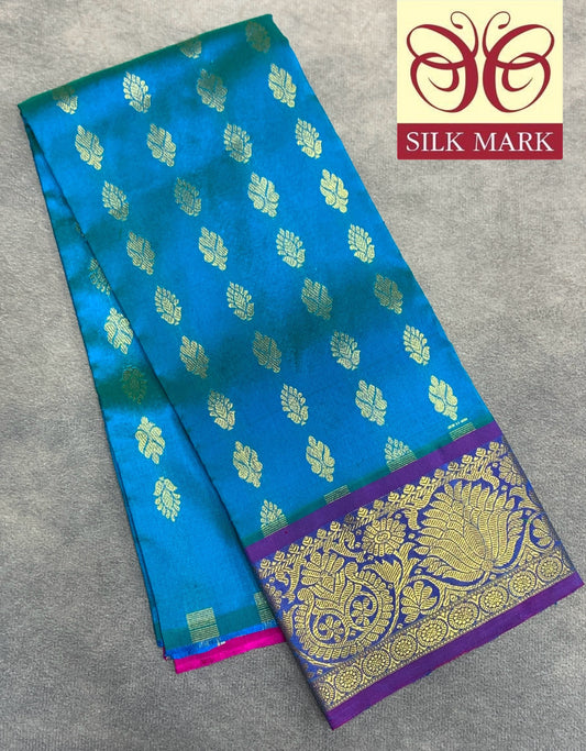 Sky Blue Shade Pure Kanchipuram Kids Pattu Pavadai with Contrast Border for Newborn to 2 Years