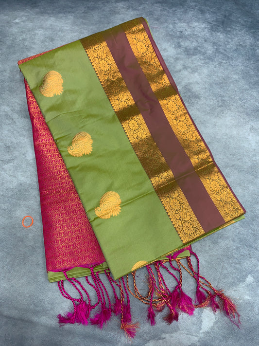Soft Vegan Silk Saree Pista Green Colour with Rettai Pettu Border