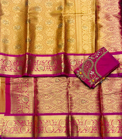 Bridal Vegan Silk Saree Golden Yellow shade with Pink Border with Unstitched blouse in Aari Work