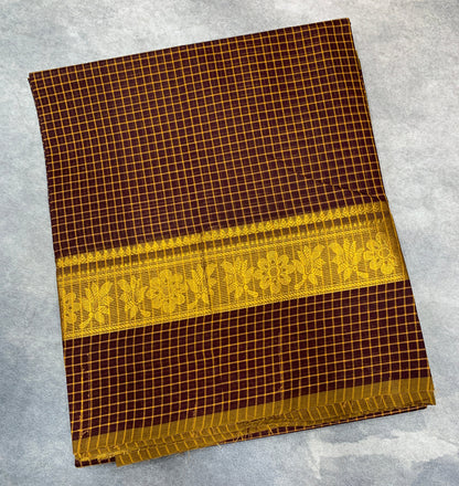 Chettinad Cotton Saree Brown Colour with Golden Colour Border