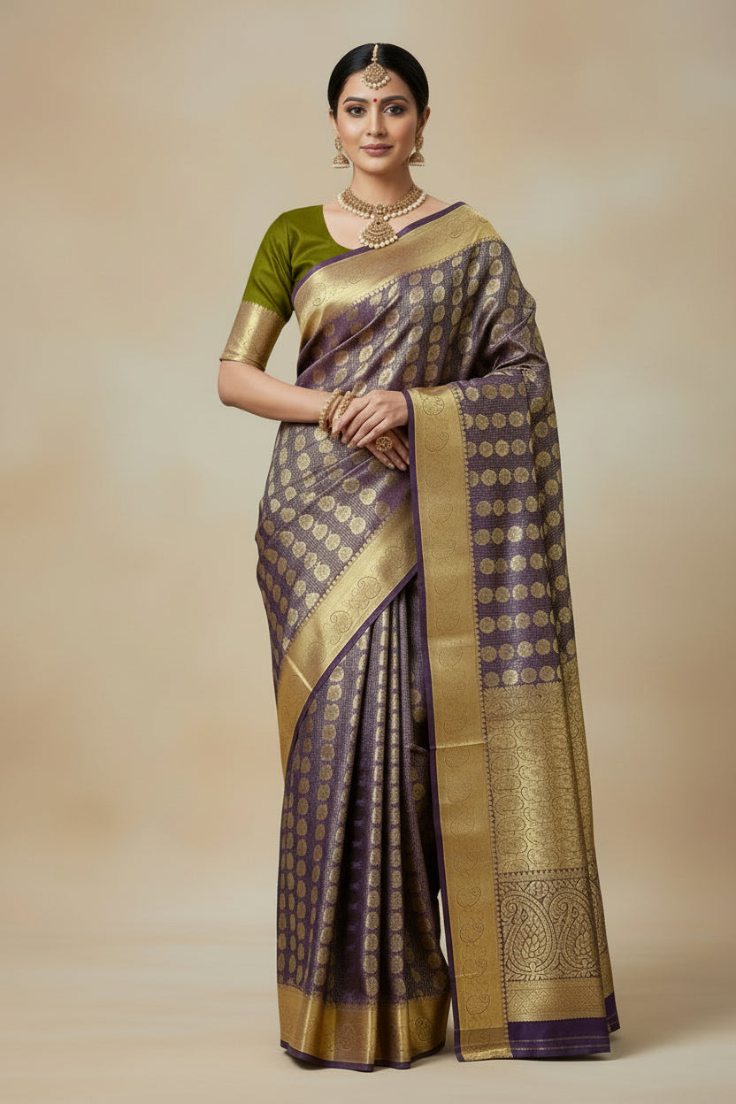 Vegan Silk Saree Brown Colour with Olive Green and Copper Border