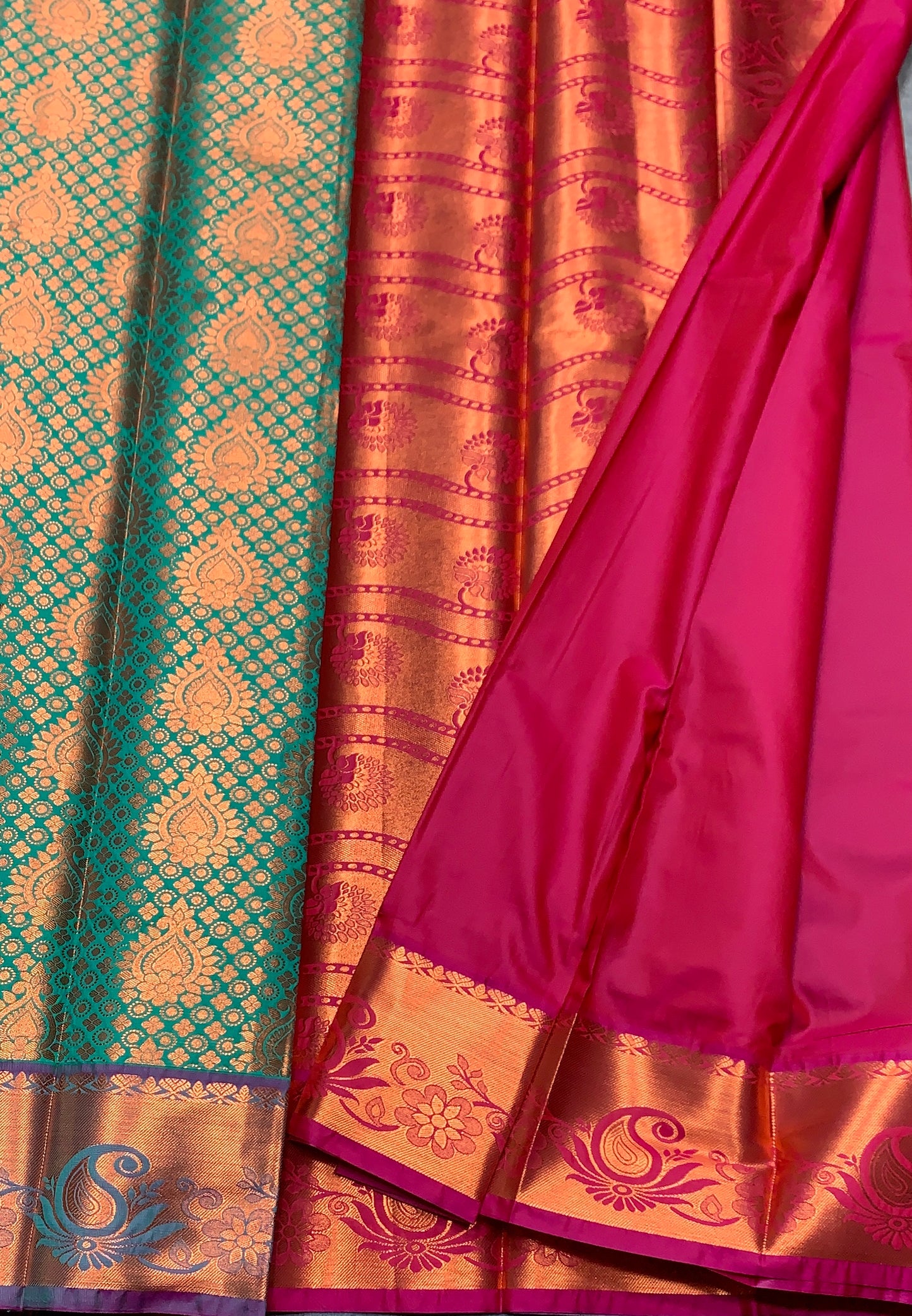 Vegan Silk Saree Light Green Colour with Pink and Copper Border