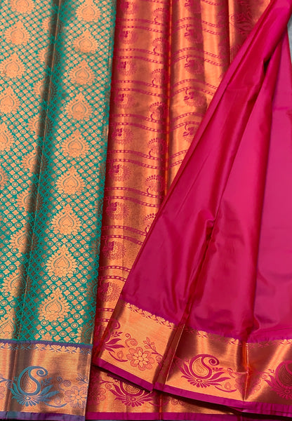 Vegan Silk Saree Light Green Colour with Pink and Copper Border