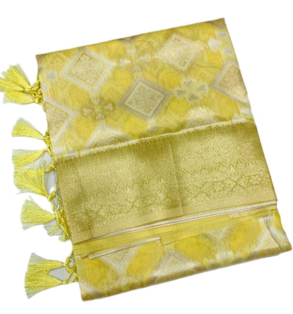 Soft Vegan Silk Saree Yellow Colour with Sliver Zari Border