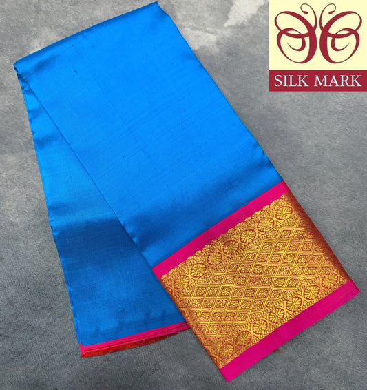 Sky Blue Shade Pure Kanchipuram Kids Pattu Pavadai with Contrast Border for Newborn to 2 Years