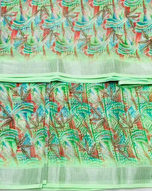 Jute Cotton Saree Apple Green Shade with Thread Border