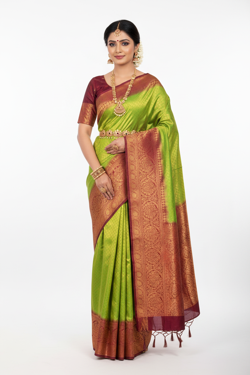 Soft Silk Saree Olive Green Colour with Brown Colour Pallu