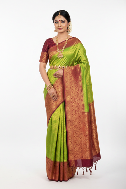 Soft Silk Saree Olive Green Colour with Brown Colour Pallu