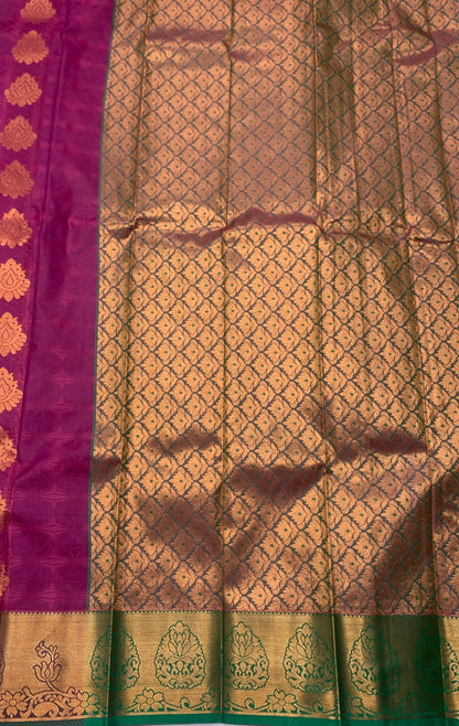 Vegan Silk Saree Magenta shade with Copper and Green Border