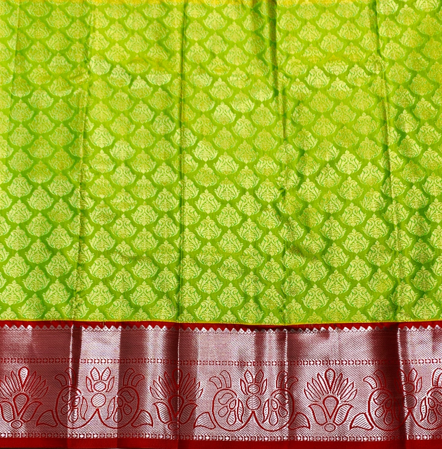 Lime Green Shade Vegan Silk Kids Pattu Pavadai with Contrast border for age 2 to 5