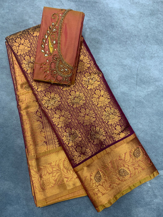 Bridal Vegan Silk Saree Beetroot Pink shade with Golden Yellow Border with Unstitched blouse in Aari Work