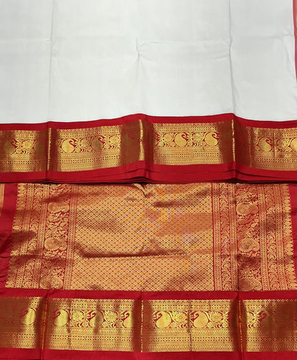 Pure Kanchipuram Silk Saree White Colour with Red Colour Border