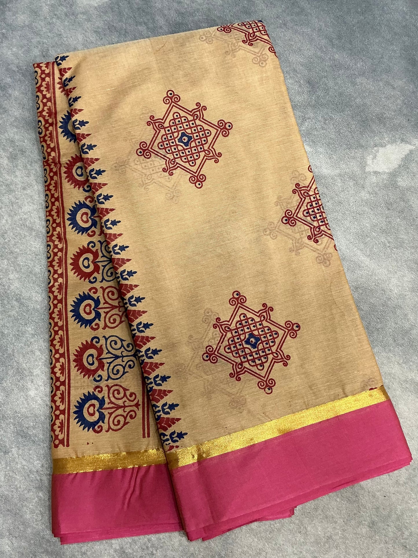 Chettinad Sungudi Cotton Sandal Colour with Light Pink Colour Border