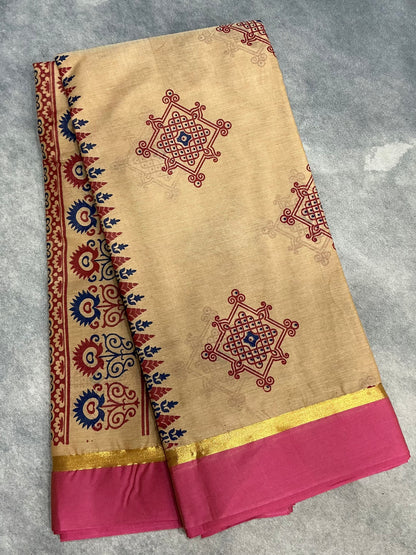 Chettinad Sungudi Cotton Sandal Colour with Light Pink Colour Border